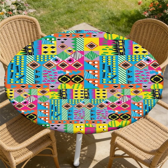 YESAD Elastic Tablecloth For Round Tables, Waterproof Tablecover For Up To 36in Round Table, Dining Tablecover For Indoor And Outdoor, Holiday, Colorful-Geometric-Quilt