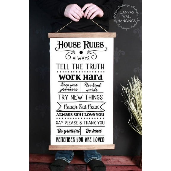 Wood, Canvas Wall Sign Hanging Art House Rules Family Quote Kitchen Living Room Décor 15x26-Inch