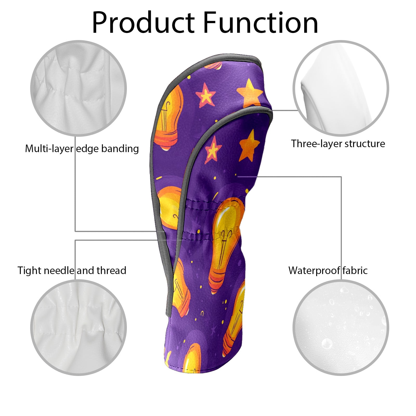 Golf Club Covers PU Leather Waterproof Head Covers for Fairway Woods Hybrids Light Bulb Pattern