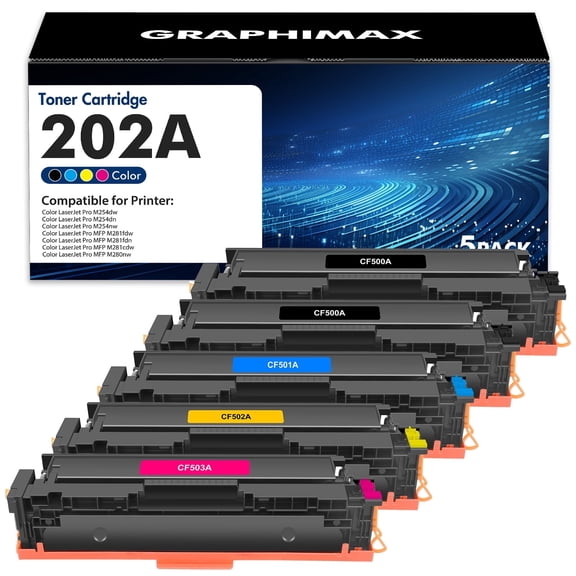 GraphiMax 202A Toner Cartridge 5-Pack Compatible for 202A 202X CF500A CF500X for Color Laserjet Pro MFP M281fdw M281cdw M254dw M281fdn M254dn M254nw M281 M254 Printer Ink