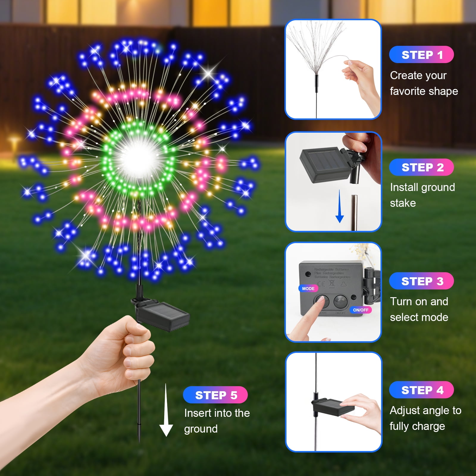 TopZoo Solar Garden Lights Outdoor, Firework Stake Lights Garden Decorative, Upgraded 180 LED Multicolor Sparklers Waterproof for Yard, Patio, Party, Christmas, Halloween, 8 Packs