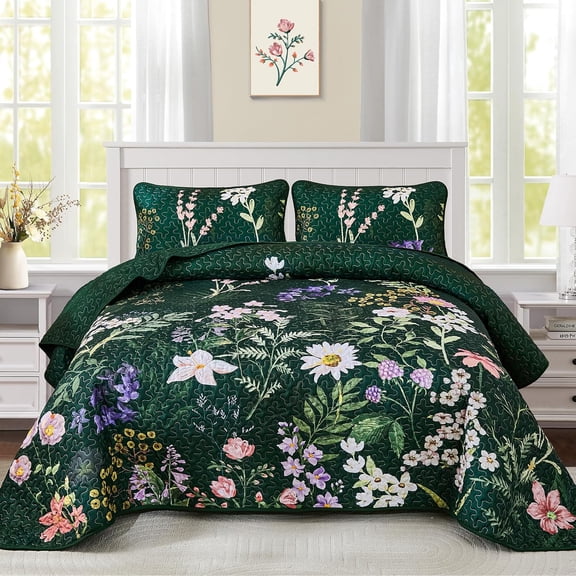 King Floral Quilt Bedding Set, Green Colorful Bedspread, 3-Piece Summer Soft Lightweight Coverlet with Shams