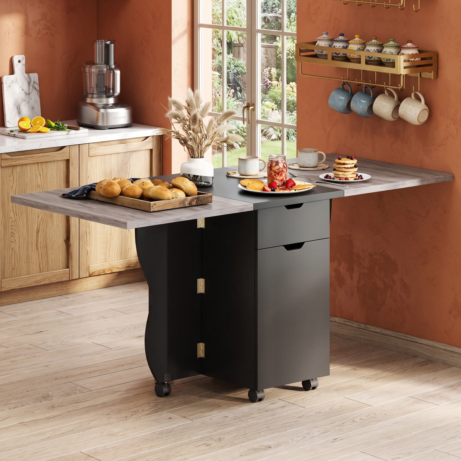 Furnibear 3-in-1 Folding Dining Table, Space-Saving Drop Leaf Kitchen Table with Storage Drawers, Cabinet & 6 Lockable Wheels for Small Spaces, Black