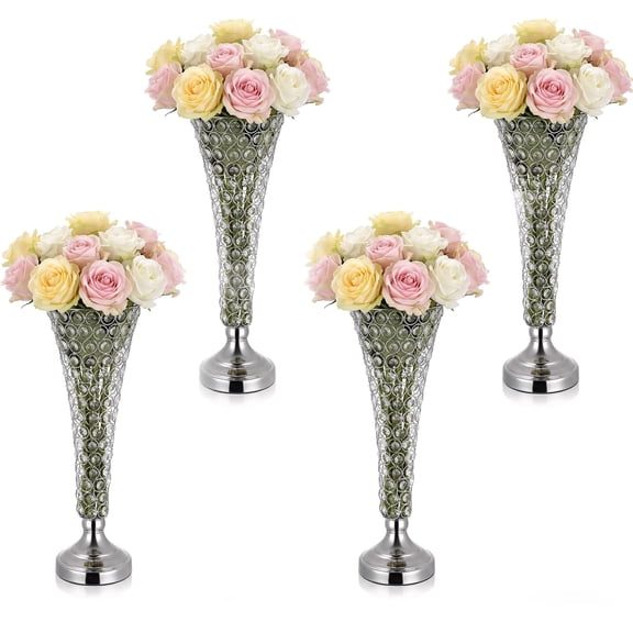 VEVOR 4 PCS Crystal Wedding Flower Vase, 20 in Tall Flower Table Centerpieces, Crystal Cylinder Banquet Vases Easy Installation, Versatile Arrangement Stand for Party Events Room Home Decor, Silver