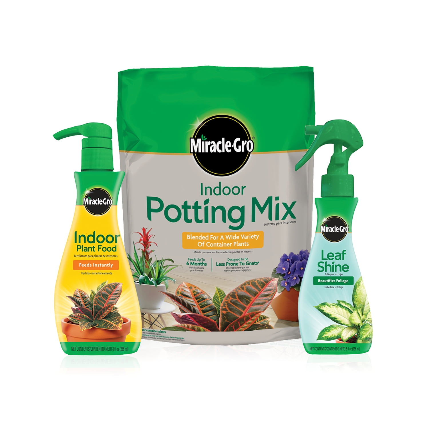 MiracleGro Indoor Potting Mix, MiracleGro Indoor Plant Food, and