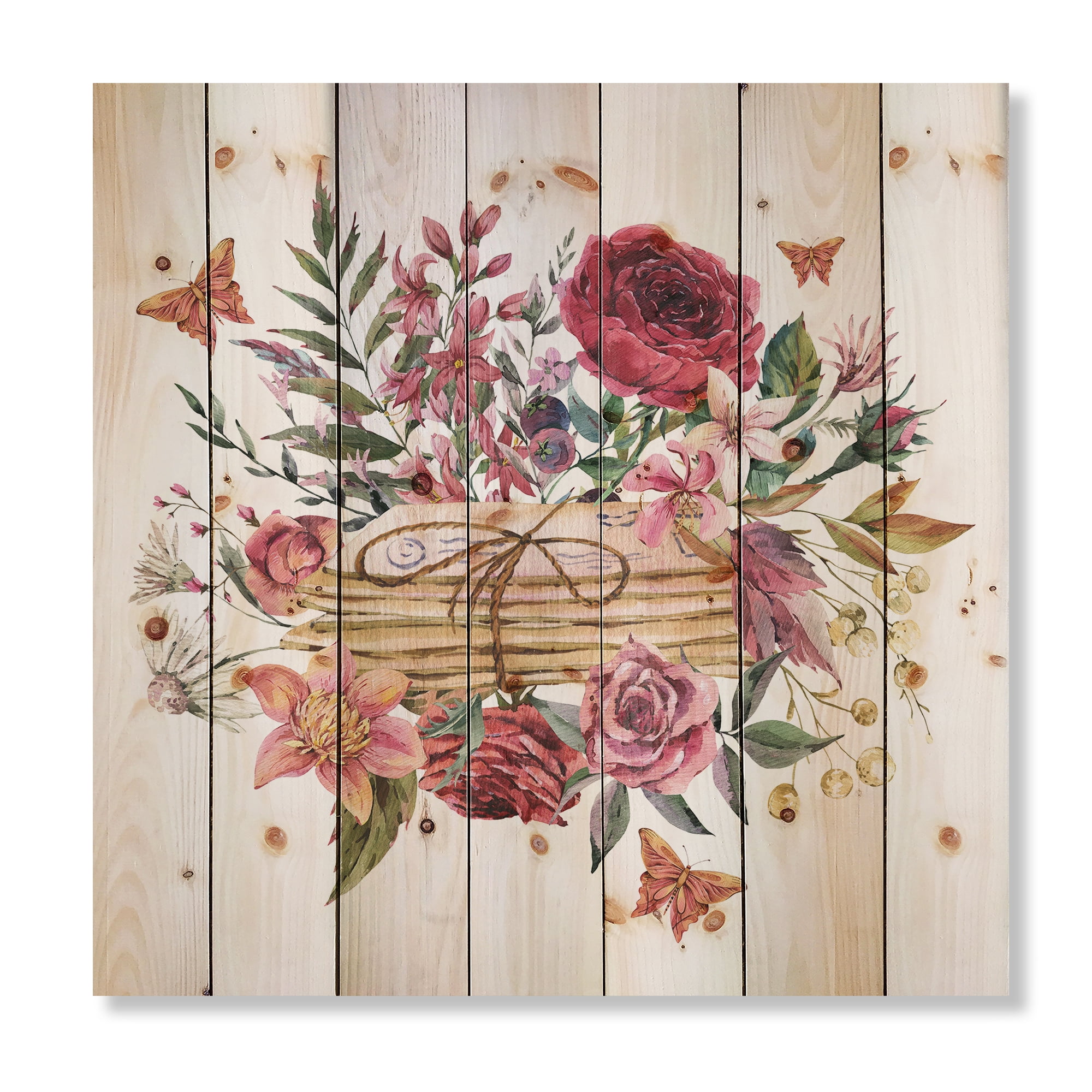 Designart 'Wildflowers With Vintage Old Letters' Farmhouse Print on Natural Pine Wood