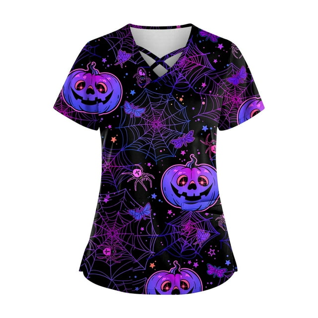 LINMOUA Plus SizePrinted Scrub Working Uniform Tops For Women's Cross V-Neck Halloween Print Short Sleeve Fun T-Shirts Workwear Tee With Pockets
