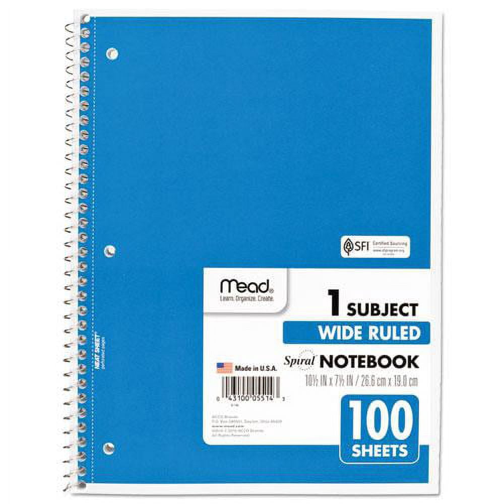 Spiral Notebook, 3-Hole Punched, 1 Subject, Wide/legal Rule, Randomly Assorted Covers, 10.5 X 7.5, 100 Sheets | Bundle of 10 Each