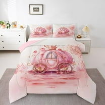 Homewish Pumpkin Carriage Bedding Comforter Set,Fairy Tale Princess Twin Comforter Sets,Pink White Bedding Set For Girls Teens,Microfiber Bedroom Decor Reversible,2 Pieces