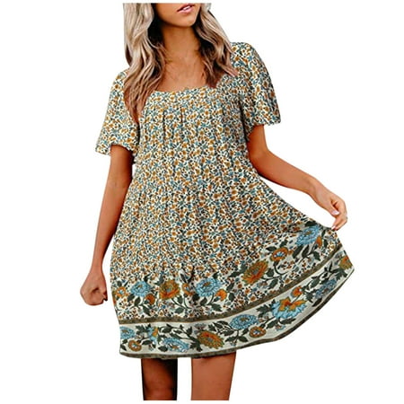 

Dresses for Women 2022 Valentines Dress for Women Women s Summer Boho Floral Print Square Neck Ruffle Sleeve Loose Fit Casual Short Mini Dress Summer Dresses Clearance 2023 Beige 2XL