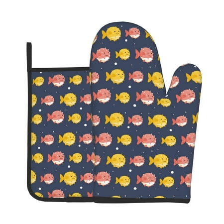 

Zeuib Cute Puffer Fish Print Oven Mitt & Pot Holder Set 2-Pack Kitchen Gloves and Hot Pads for Cooking BBQ Grilling Baking