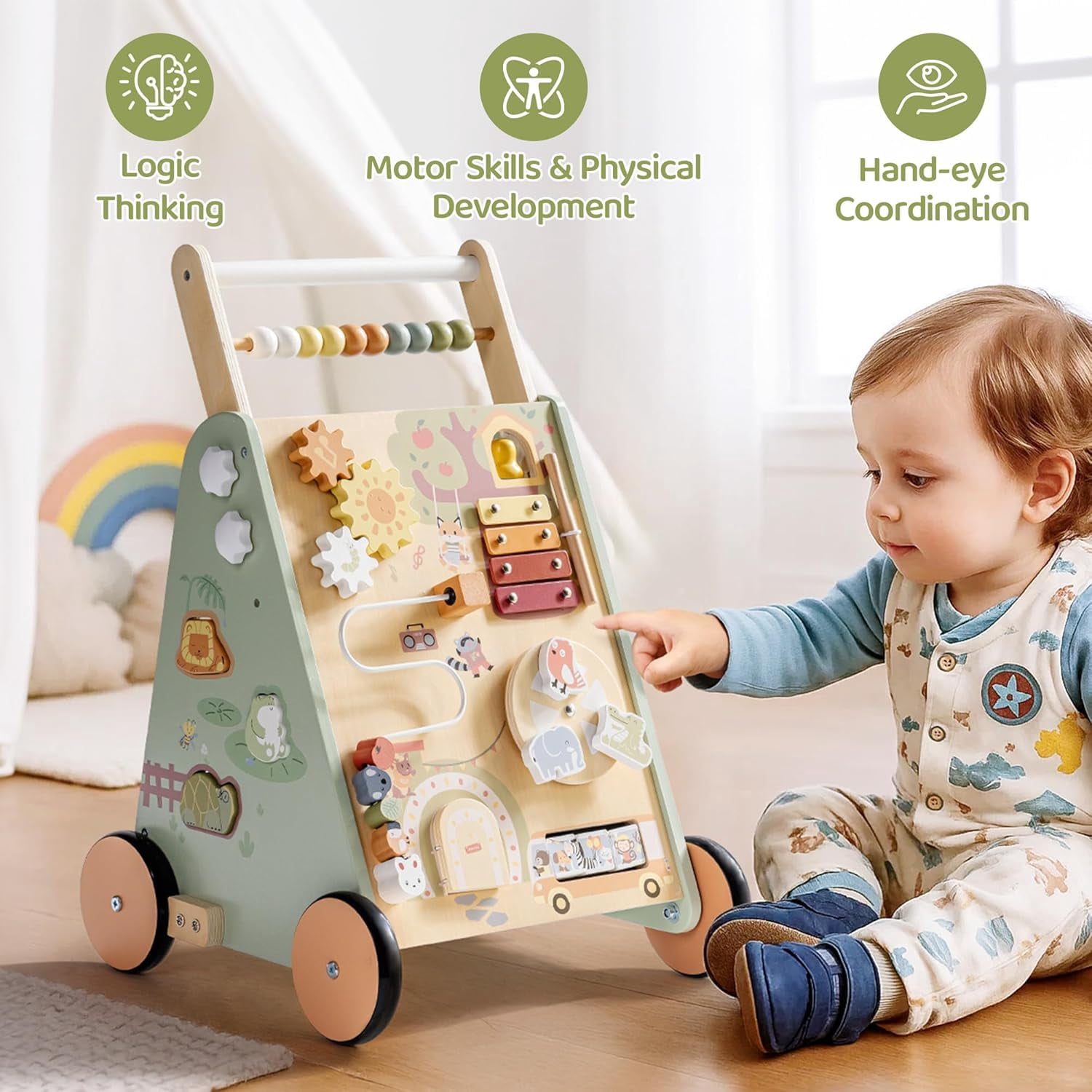 Robud Wooden Baby Walker, with Wheels, Montessori Push Toys for Babies 10M+ Learning to Walk, Baby Walkers Activity Center for Boys and Girls, Green, Forest Fairy Tale