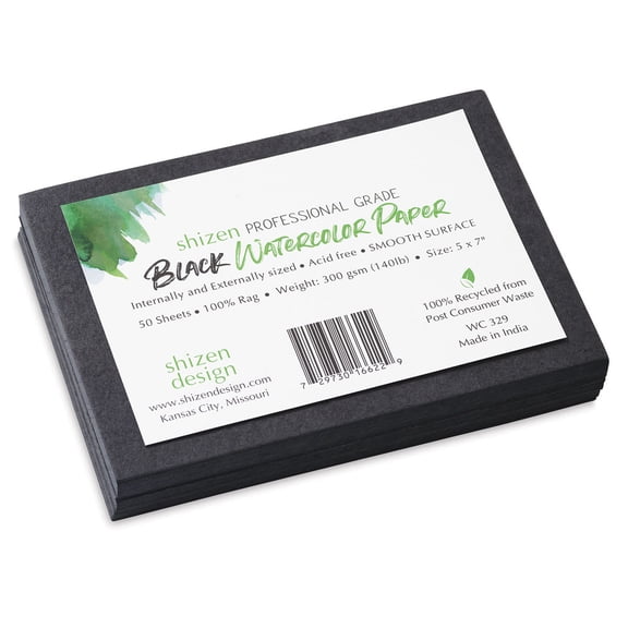 Shizen Black Watercolor Paper - 5" x 7", Hot Press/Smooth, 50 Sheet Pkg