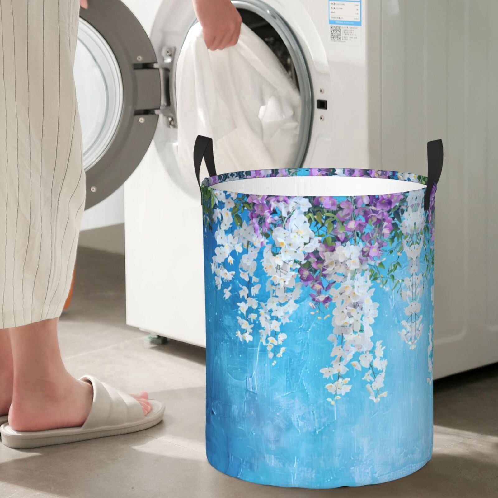 Large Laundry Basket with Handles - Hanging Orchids Floral Blue Kids Baby Dirty Clothes Laundry Hamper for Bedroom Aesthetic