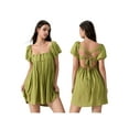 thumbnail image 3 of Women's Summer Babydoll Short Dresses Solid Color Short Puff Sleeve Square Neck Cross Tie Back Dress, 3 of 10