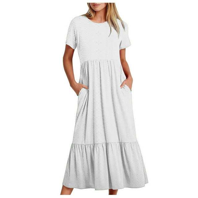 Pisexur Robes d'Été pour Femmes Col Rond Robe Fluide Plissée Tendance Manches Courtes Mode avec Poche Plage Été Évasée Imprimé Floral 2024 Robes