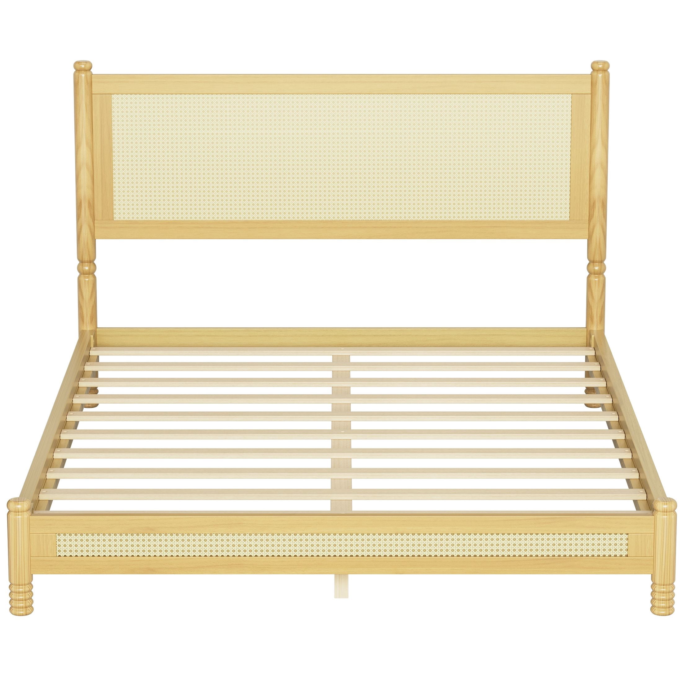GDF Studio Annes Queen Size Boho Rattan Platform Bed Frame with Turned Legs, Woven Cane Pine Wood Bed Frame, Natural
