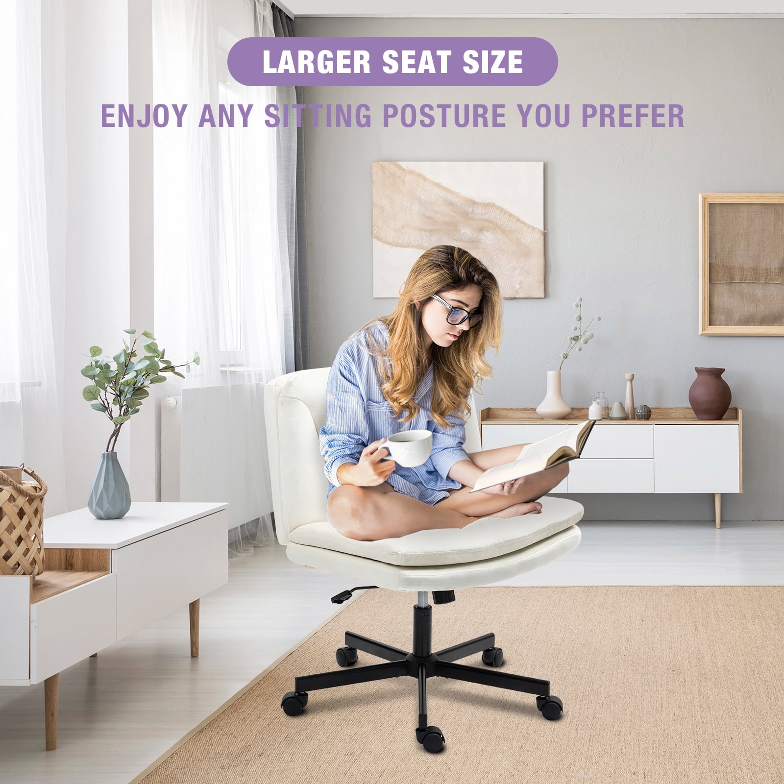 Criss Cross Legged Chair Ergonomic Home Office Desk Chair with Casters, Armless Wide Comfy Computer Task Seat Swivel Rolling Vanity Chair with Height Adjustable and Rocking Function, Beige