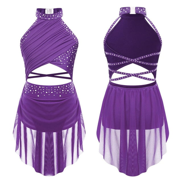 TiaoBug Robe de Danse Lyrique pour Filles Jupe Asymétrique à Sequins Col Licou Justaucorps de Patinage Artistique Robe Violet 8