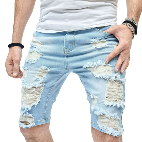 Turilly Plus Size Shorts for Men Zipper Elastic Slim Casual Denim Shorts Play Wrap Ripped Mid-length Pants