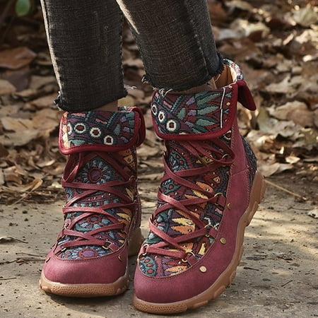 

KEUSN Casual Laceup Flat Women s Bohemian Boots Fashion Printed Folk Ankle Style Women s Ankle Boots