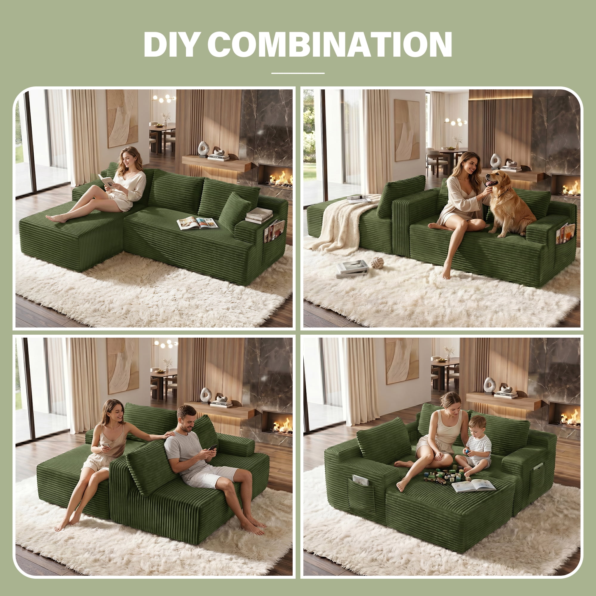 Aukfa 96" Cloud Sectional Couch, Modular L Shaped Boneless Sofa with Left Facing Chaise&2 Storage Pockets, Green