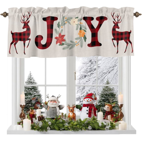 Valances for Windows Words on Linen Rod Pocket Short Curtain for Bathroom Living Room Bedroom Red Black Plaid Elk 1 Panel 42x12in