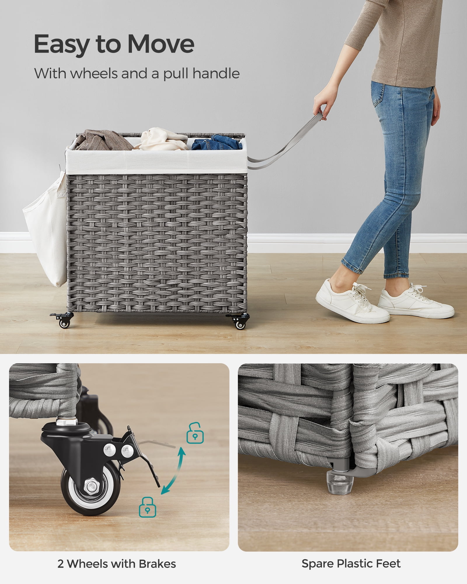 160L Laundry Hamper with Lid Rolling Laundry Basket with Wheels 3-Section Synthetic Rattan Laundry Hamper Removable Liner for Bedroom Gray