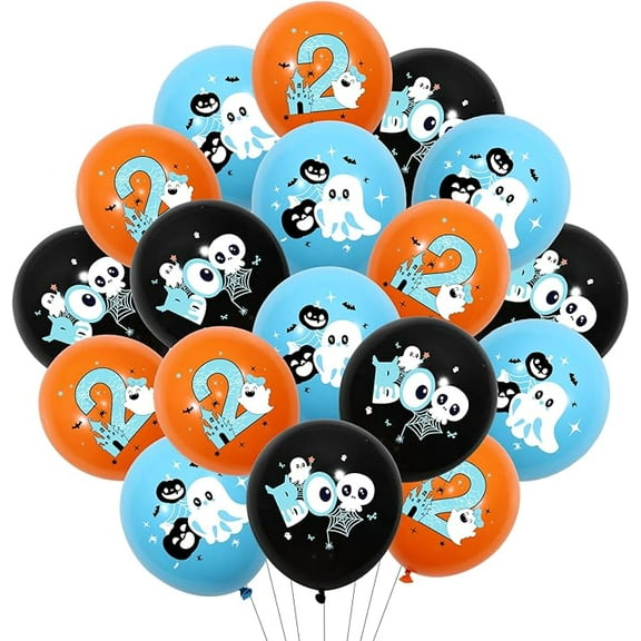 Halloween 2nd Birthday Decoration Boy, 45pcs Two Spooky Birthday Decoration Halloween Theme Print Latex Balloon Orange Black Blue for Ghost Boo I’m Two 2nd Party Supplies