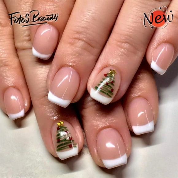 Fofosbeauty 24pcs Press on Nails, Square Tip Nails, Christmas Fake Nails, Full Cover Acrylic Nails for Girls Women, Christmas French Cute