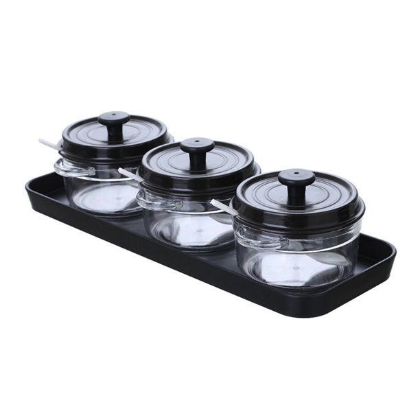 Juego de tarros de condimentos de 3 piezas, recipiente para especias de cocina con bandeja de almacenamiento de cucharas para servir condimentos, color negro Inevent HA003827-02