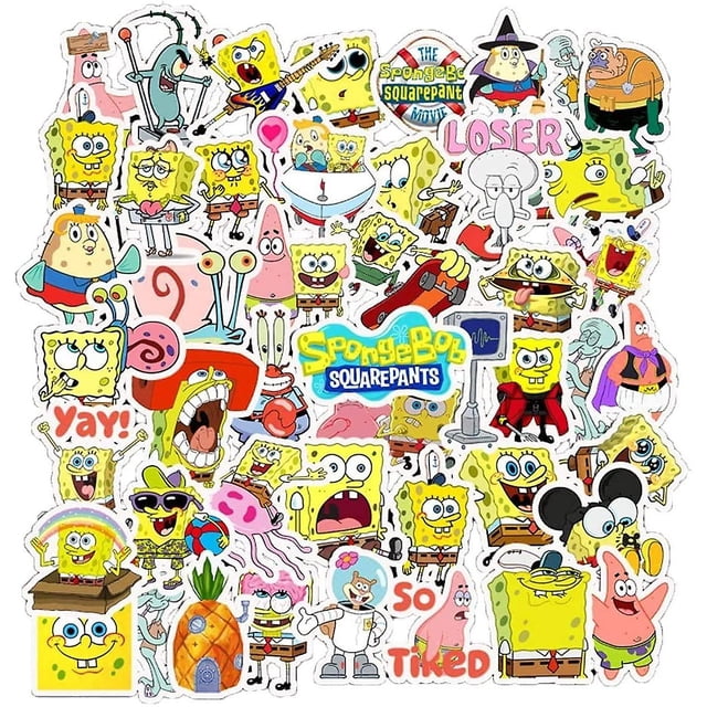 50 Uds. Pegatinas de esponja de dibujos animados, calcomanías de Bob Esponja para adolescentes, niños, adultos, pegatinas impermeables para ordenador portátil, botellas de agua, bi