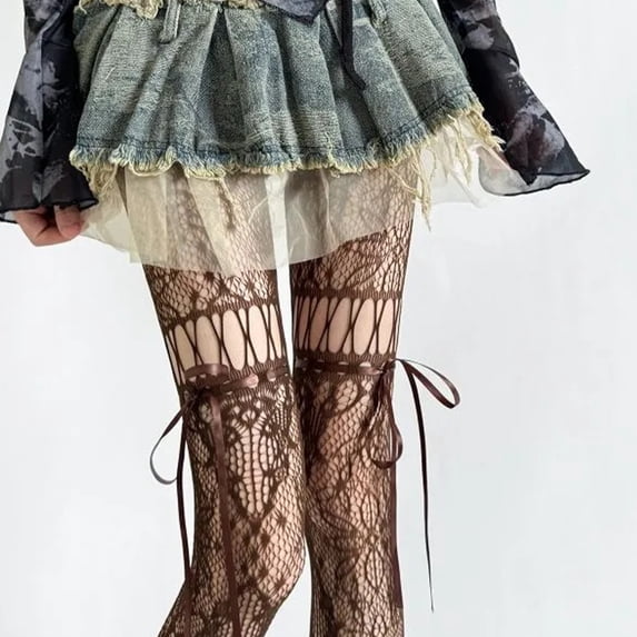 Voska Gothic Retro Hollow Lace Thigh High Stockings Bow Ribbon Decor Sheer Fishnet Long Socks Fashion Mesh Hosiery For Women Girls Daily And Costume Wear