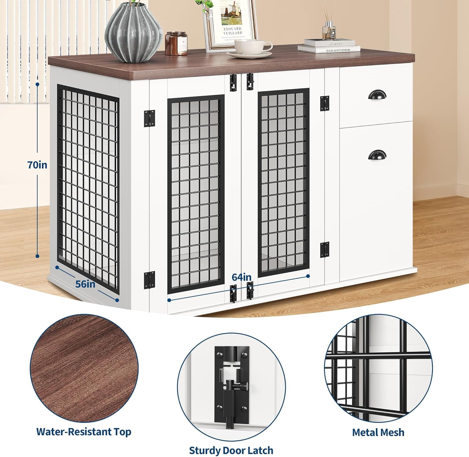 44 inch Dog Crate Furniture, Heavy Duty Wooden Pet Kennel with Drawers & Side Cabinets, Decorative Dog Crates for Small Medium Large Dogs, White