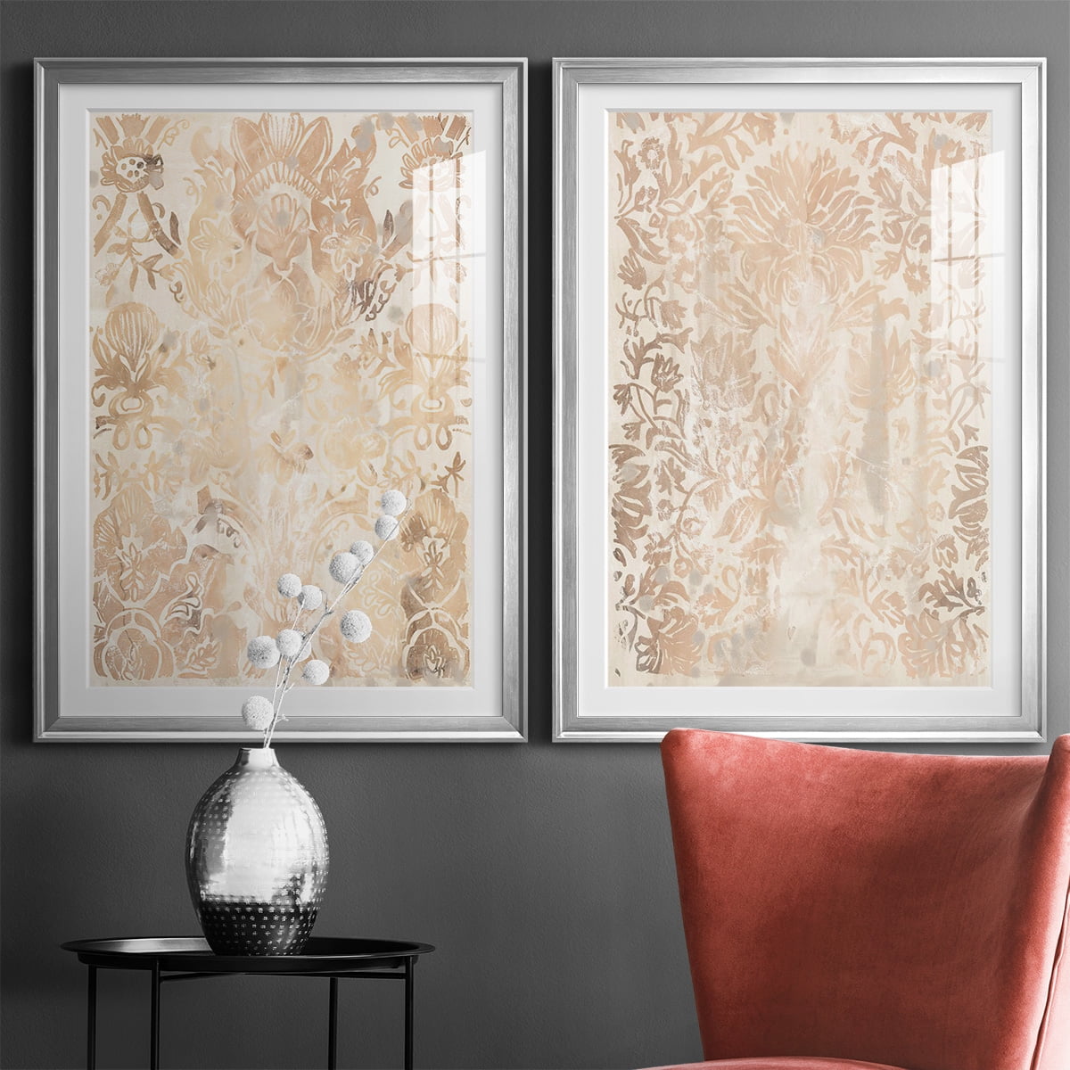 Wexford Home Walnut Damask III Premium Framed Print, 26.5" x 36.5" - Ready to Hang, Silver (Set of 2)