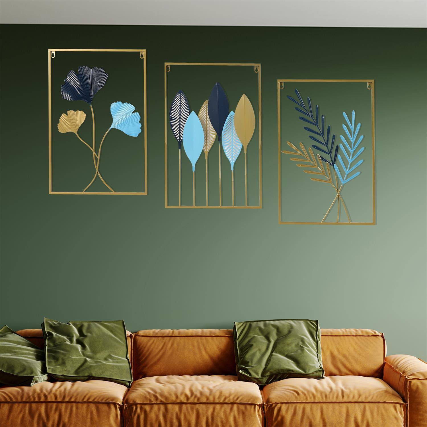 YIYIBYUS Wall Decor Set of 3 Gold Metal Leaf Wall Art Hanging