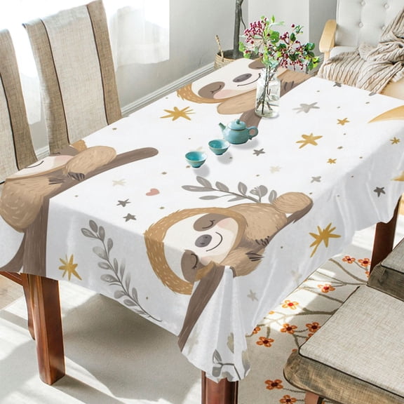 WOBOGO Cute Cartoon Sloth Pattern with Moon and Stars Square Tablecloth 54×54in Polyester Fabric Tablecloth Washable Dust Resistant Wrinkle Resistant