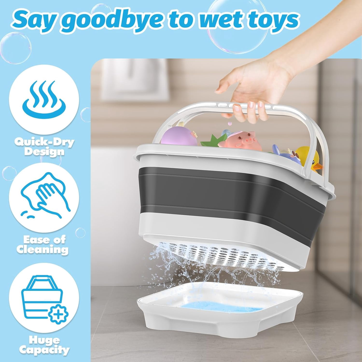 LC-dolida Bath Toy Storage Organizer, Foldable Bathtub Toy Holder Storage with Removable Base for Draining Drying, Bathroom Shower Toy Holder Baby Bath Toy Basket for Easy Storage (Black)
