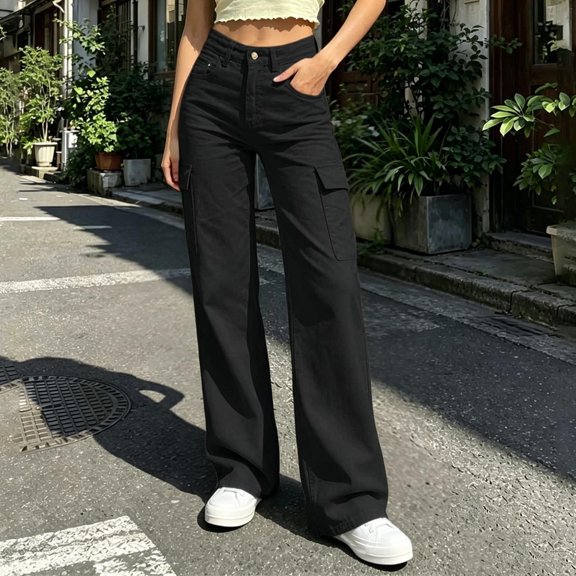 ABSUYY Black High Waisted Wide Leg Cargo Pants for Women - Y2K Baggy Utility Trousers Loose Fit Lightweight Casual with Pockets,Size 2XL