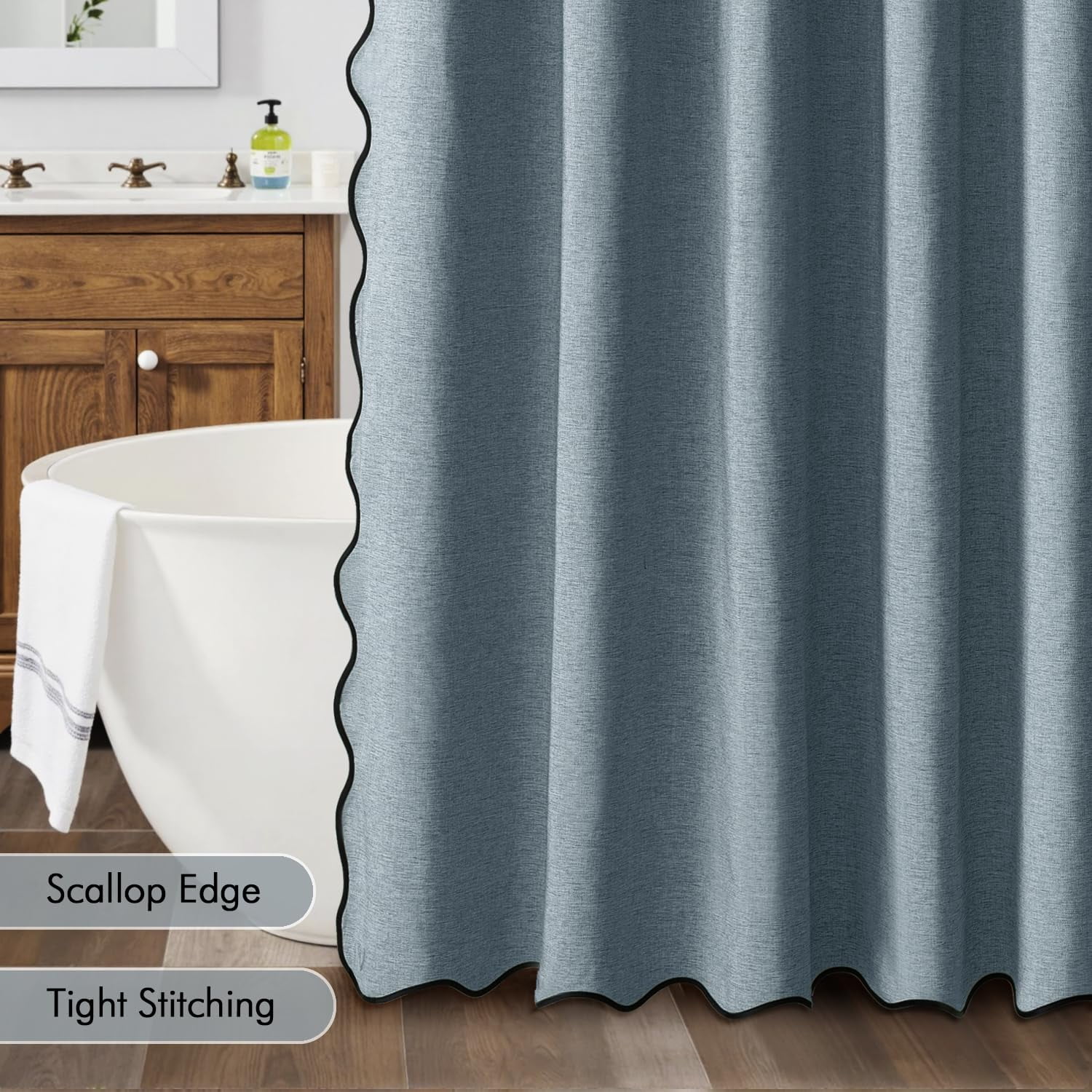 qtess A84" Long Scalloped Shower Curtain Linen Textured with 12 Metal Hooks Cute Extra Long Heavy Duty Washable Waterproof Cloth Shower Curtains with Black Border for Bathroom Hotel Bathtub,Khaki