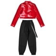 thumbnail image 4 of YiZYiF Kids Girls 2Pcs Hip Hop Jazz Dance Outfit Shiny Crop Top with Chain Pocket Sweatpants Athletic Gym Suit Red 12, 4 of 5