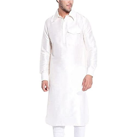Royal Men's Silk Blend Pathani Long Kurta's White