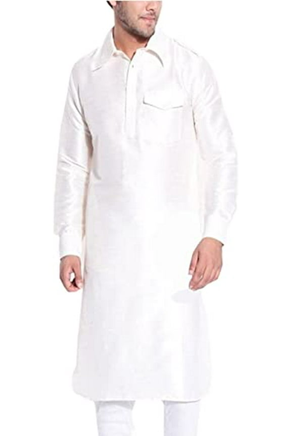 Royal Men's Silk Blend Pathani Long Kurta's White