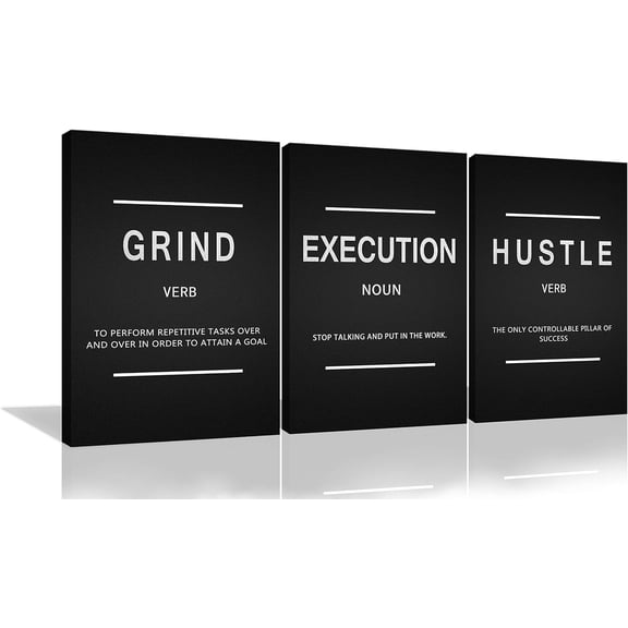 3 Pieces Grind Verb Hustle Verb Execution Noun Motivational Wall Art Canvas Print Office Decor Inspiring Framed Prints Inspirational Quotes for Wall Art Decoration Ready to Hang