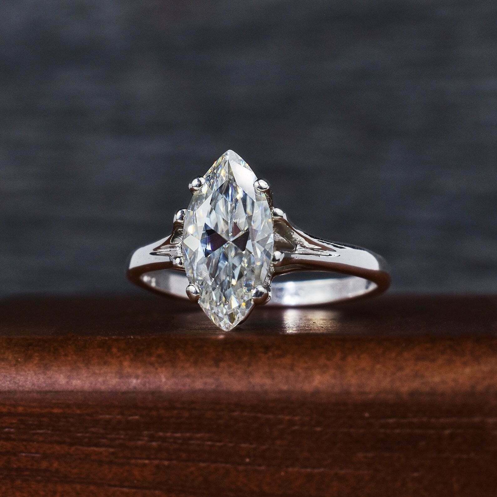 HeartsAndYou 2ct Marquise Cut Moissanite Engagement Ring for Women Classic Solitaire 18k White Gold over Silver