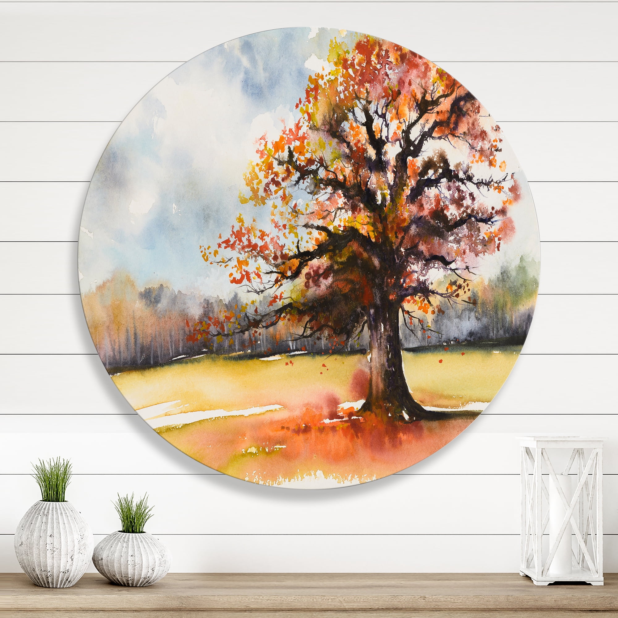 Designart 'Lone Oak Tree In The Fields With Autum Leaves' Traditional Circle Metal Wall Art 11x11 - Disc of 11