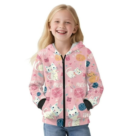 POLERO Girls Hoodie Cute Kitty Ball Print Kids Long Sleeve Oversized Hoodie Sweatshirt Zip Up Jacket Winter Coat with Pockets Size L