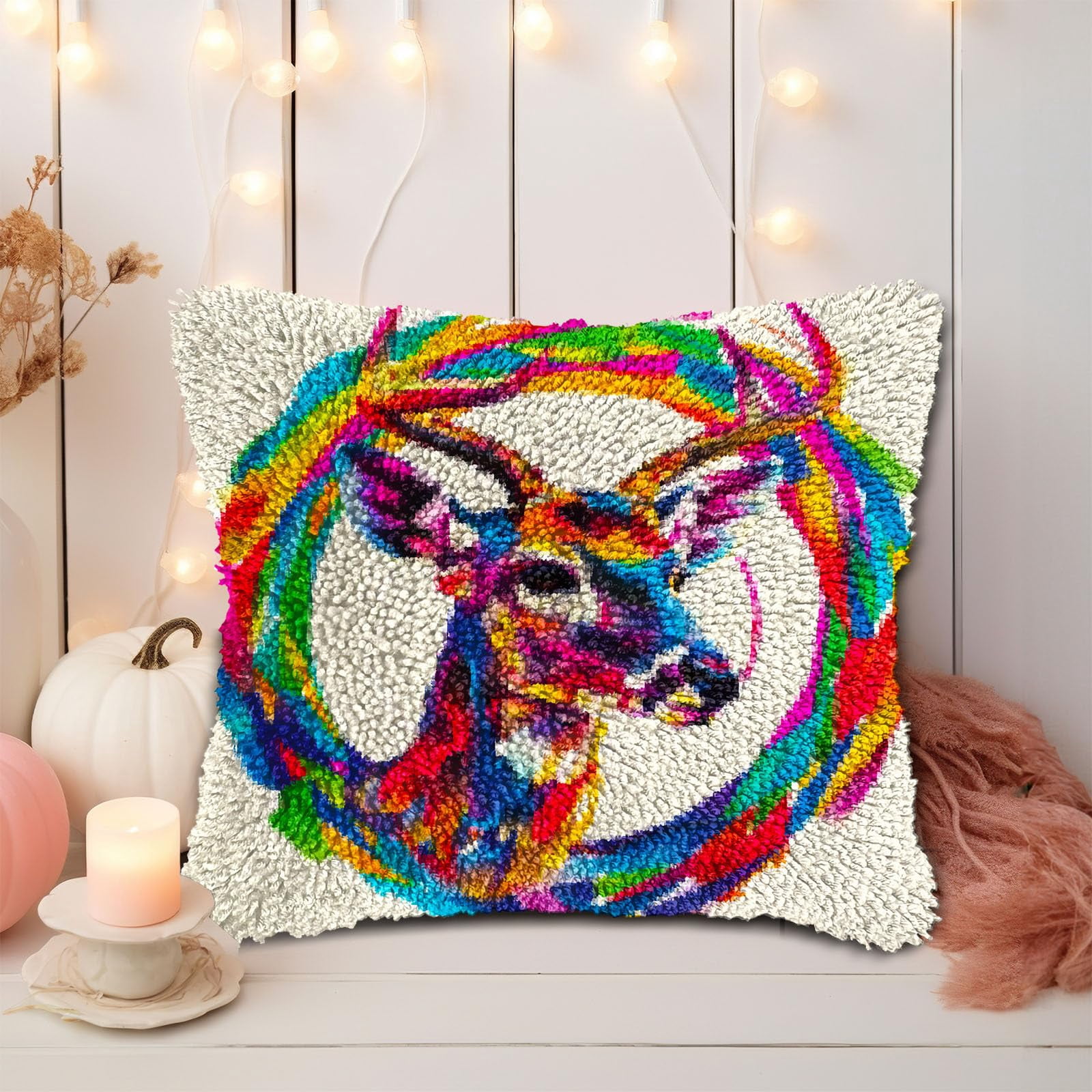 Colorful Reindeer Elk in Cirle DIY Latch Hook Pillow Kits for Adults Printed Pillowcase Crochet Yarns Hooking Handmade Pillow Cover Cushion for Home Sofa Decoration 17x17inch