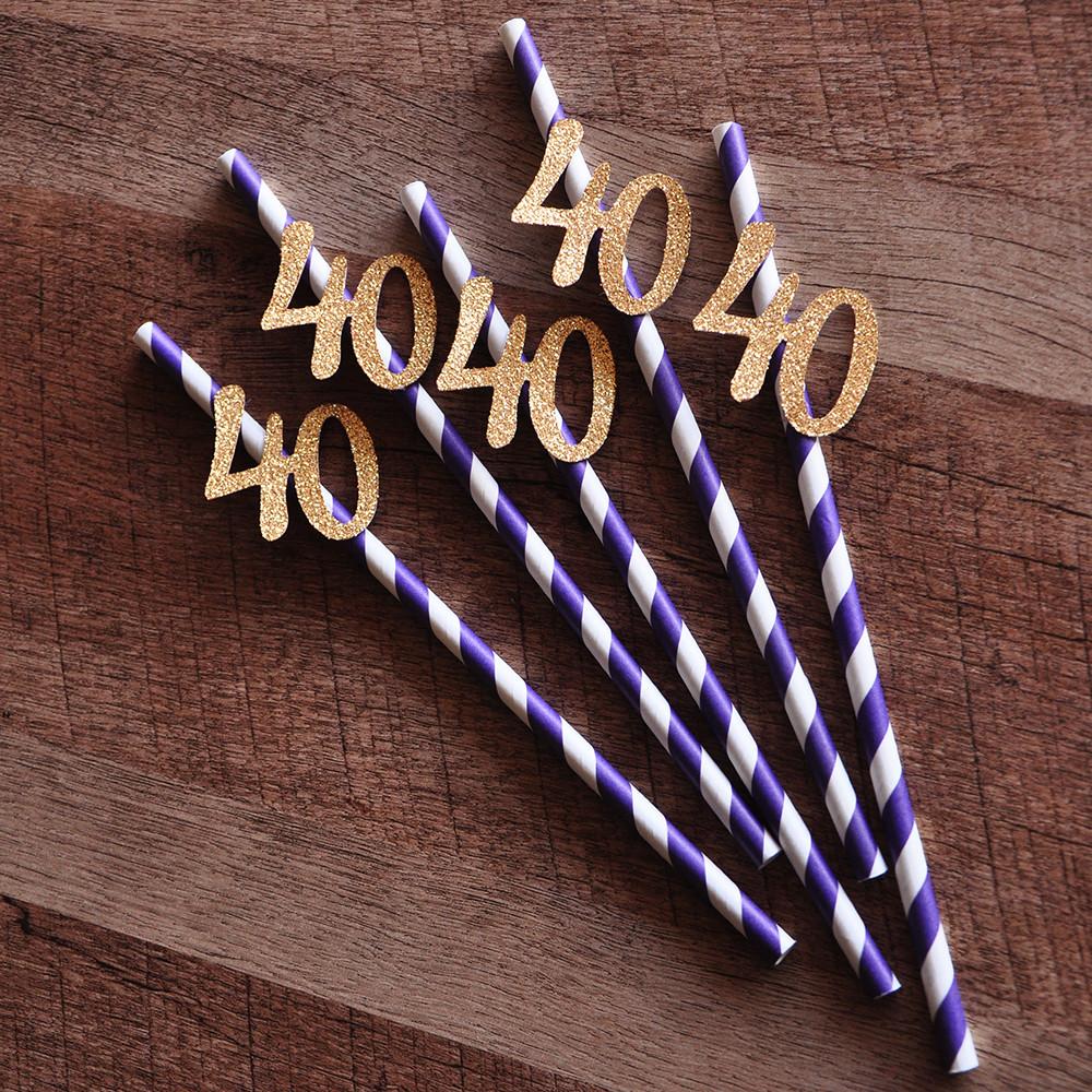 Metallic Gold Straws with Gold 40. 40th Birthday Decoration Straws 10CT