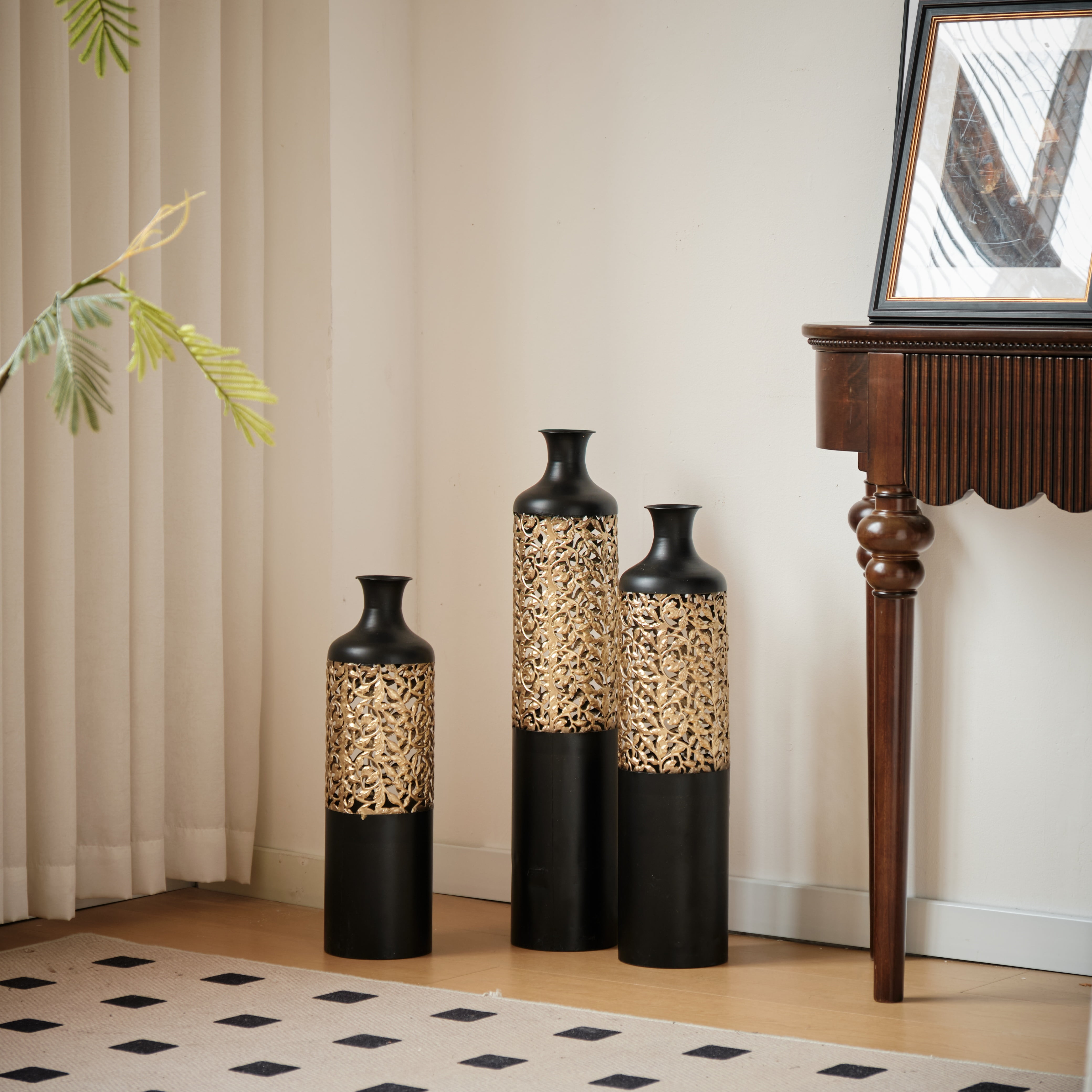 Aukfa Metal Decorative Tall Floor Vase,Set of 3 Large glazed Vases,20.8"/ 24.8"/28.7" H,Black
